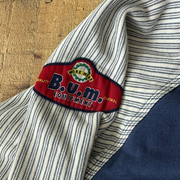 Vintage B.U.M. Equipment Blue Polo Shirt Striped Sleeves Embroidered Logo -L - Picture 9 of 9